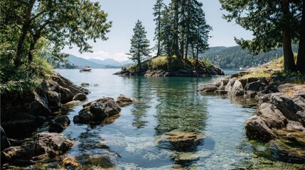 Tranquil scene captures a clear, turquoise lake embraced by lush green trees and rocky shores, creating a serene landscape on a bright, sunny day with a boat visible in the distance, and a small...
