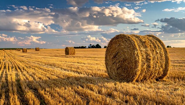 Golden field with hay bales under a dramatic, cloudy sky at sunset