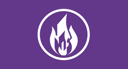 Abstract fire inside a white circle on purple background for logo design, poster element or digital media template