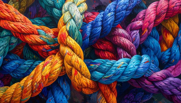 Intertwined, colorful ropes form an abstract composition