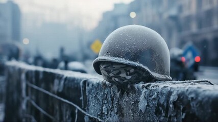 Helmets and frost on a battlefield during a cold winter morning - Powered by Adobe