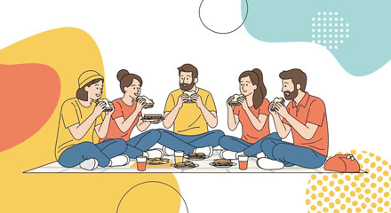 Joyful Group Eating Sandwiches Together Relaxing During Daytime, Picnicking Outside and Having Fun