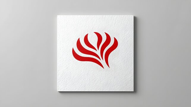 Minimalist red floral spiral logo design on white textured square card mockup, elegant modern branding concept, creative geometric symbol template for corporate identity, professional presentation bac