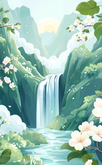 Serene Mountain Waterfall Landscape Painting