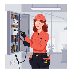 A skilled female electrician wearing a safety helmet and work clothes carefully inspects electrical wiring inside a circuit breaker panel for maintenance.