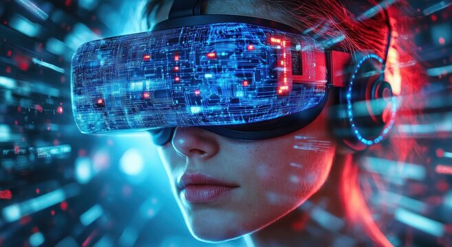 Close-up profile of a woman wearing futuristic virtual reality headset with glowing digital circuit patterns and headphones immersed in a vibrant technological environment - Powered by Adobe