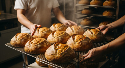 Skilled bakers carefully transferring trays of freshly baked, artisanal sourdough bread with golden, crispy crusts in a bustling craft bakery kitchen