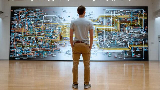 Contemplation and Display: A person stands before an intricate and expansive visual display, the individual absorbed in contemplation within the art exhibit.