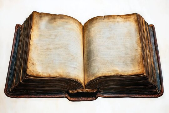 Close-up of an old, large, worn book opened to blank, stained pages with a dark leather cover lying flat on a light background