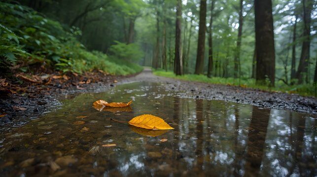 Close-up view of a yellow leaf floating on a puddle along a forest path, surrounded by tall trees and mist, reflecting the peaceful and reflective atmosphere of a quiet woodland after rain
