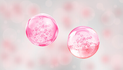 3D collagen serum pink gel bubbles on soft gradient background. Skincare and cosmetic concept illustration.	