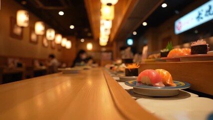 Delicious sushi flowing on conveyor belt at bustling Japanese restaurant, perfect for food blogs or travel videos about authentic cuisine