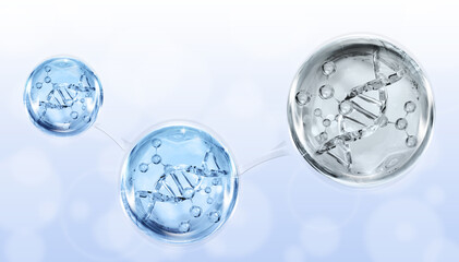 3d rendering of molecules in blue liquid. Science and medical background