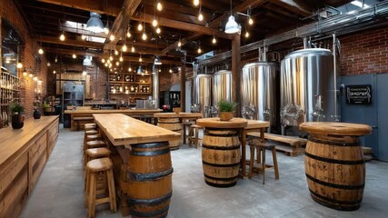 Brewery's Rustic Charm: An interior of a craft brewery with wooden barrels as tables and stools, illuminated by warm light, creating a welcoming space for beer enthusiasts. 