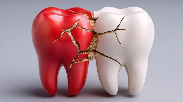 Broken Teeth: A striking visual depiction of dental health issues, where a red and white tooth are split, with cracks and fractures across their surface.