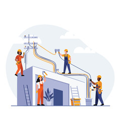 A team of diverse electricians working together to install and maintain electrical wiring on a residential building, ensuring safety and functionality.