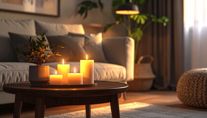 Cozy Living Room with Burning Candles and Warm Light Ambiance
