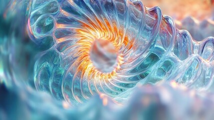 close-up view of a translucent spiraling shell with glowing orange center and intricate blue patterns evoking a sense of wonder and depth