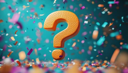 Bright orange question mark resembling an orange peel texture surrounded by colorful floating confetti on a teal background, evoking curiosity and celebration