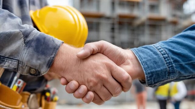 Handshake on Construction Site: A close-up shot showcases the symbolic handshake of collaboration between construction workers in the presence of a construction site.