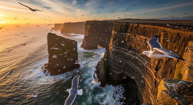 Dramatic cliffs of moher at sunset, teeming with seabirds in flight, creating a breathtaking coastal panorama with rugged beauty and natural wonder - Powered by Adobe