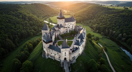Medieval castle of bouzov, czech republic, perched on hilltop at sunset, aerial view