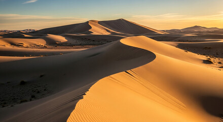 The sun sets over the sahara desert, casting a warm glow on the undulating sand dunes, a serene and expansive vista of the arid landscapes majesty