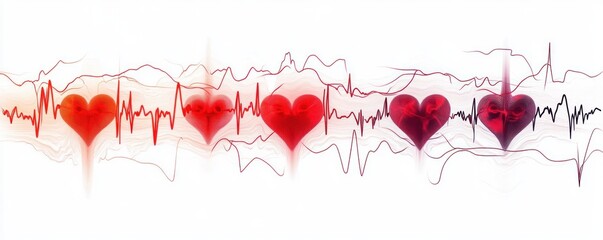 Abstract representation of a heartbeat with six red hearts showing different facial expressions connected by fluctuating electrocardiogram lines on a white background