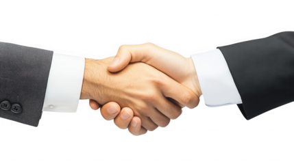 A close up of two people in suits shaking hands against a black studio backdrop representing business