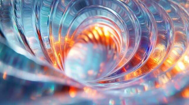 abstract close-up of a transparent spiral tunnel with glowing orange and blue reflections creating a futuristic and dynamic visual effect