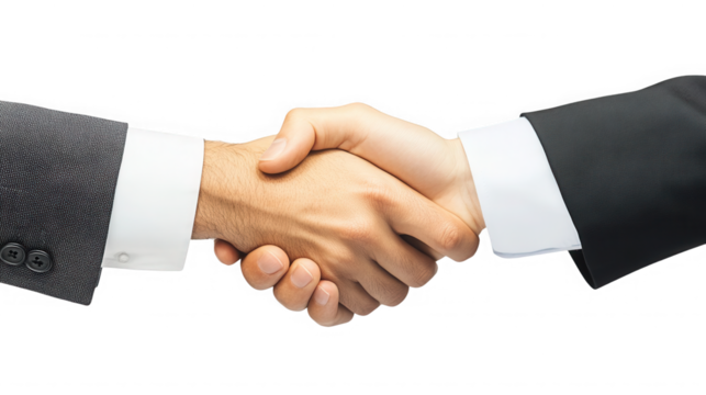 A close up of two people in suits shaking hands against a black studio backdrop representing business