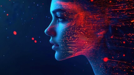 Profile of a woman's face merging with red digital circuits and data streams evoking futuristic technology and human-computer integration