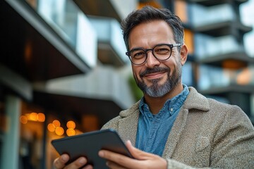smiling middle-aged man wearing glasses and a brown jacket using a tablet outdoors in an urban setting with modern buildings in the background