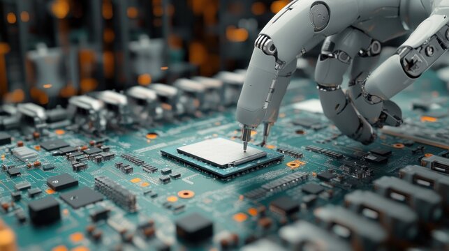 Robotic hand with precise tool assembling or repairing a microchip on a complex electronic circuit board with detailed components and futuristic environment - Powered by Adobe