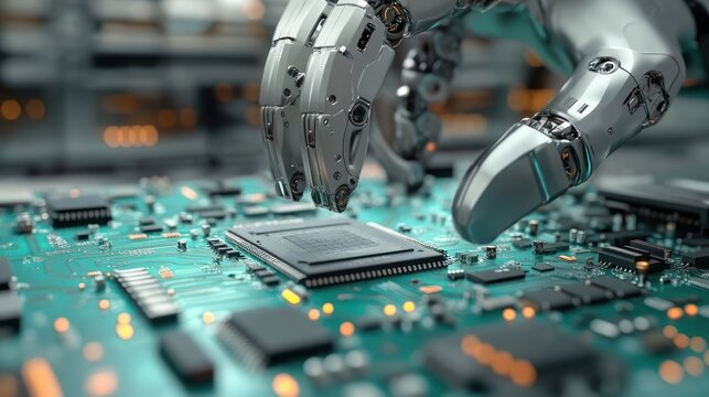 robotic hands assembling or placing a microchip on a detailed circuit board under bright illumination in a futuristic technology setting