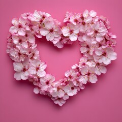 heart shape made of delicate pink cherry blossoms on pink background expressing love and beauty