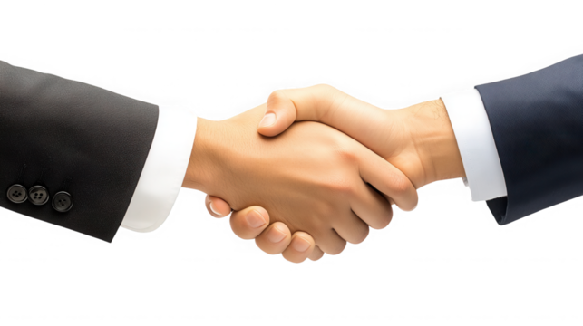A close up shot of two people shaking hands wearing suits against a  transparent background in a studio shot
