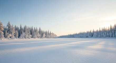 A serene winter landscape with snow-covered trees and a calm, snow-covered field under a clear blue sky.