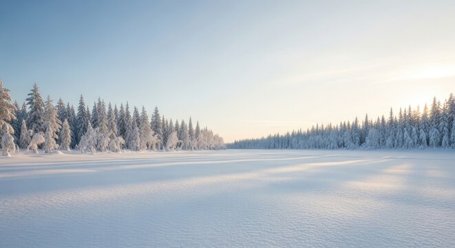 A serene winter landscape with snow-covered trees and a calm, snow-covered field under a clear blue sky.