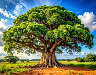 Large tree with lush green leaves and intricate roots under a cloudy blue sky