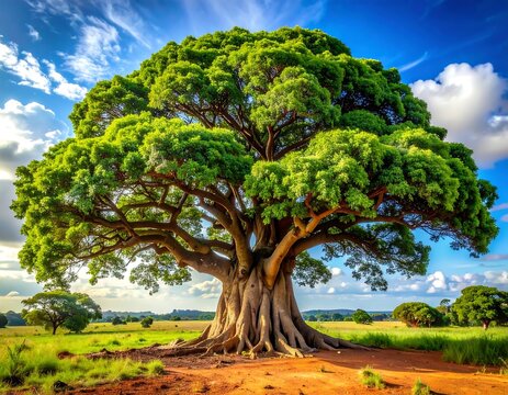 Large tree with lush green leaves and intricate roots under a cloudy blue sky - Powered by Adobe