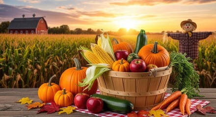 A basket of fresh vegetables and fruits on a wooden table in front of a barn and a field of corn at sunset.