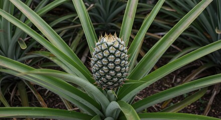 Close-up view of a young pineapple plant with spiky fruit and green leaves