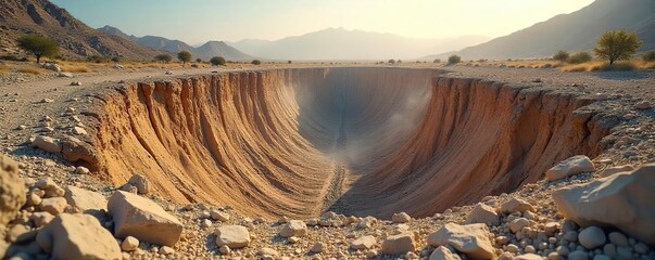 Earthquake Devastation Deep Chasm Reveals Ravaged Landscape of Dust and Debris, a Testament to Natures Power