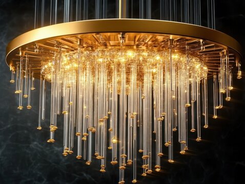 Elegant modern chandelier with golden ring and numerous glowing light bulbs suspended by clear glass rods against dark background