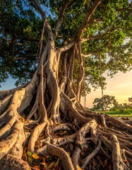 Low-angle capture of a large tree with exposed roots, bathed in sunlight