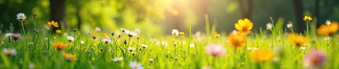 Spring Meadow Sunlight Dapples Vibrant Wildflowers in a Gentle Breeze, Evoking Carefree Joy