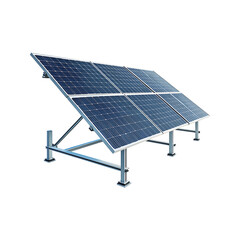 Modern solar panel array mounted on a sturdy metal frame structure for renewable energy generation isolated on transparent background