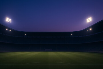 Empty football stadium under twilight sky with floodlights on, calm and cinematic atmosphere