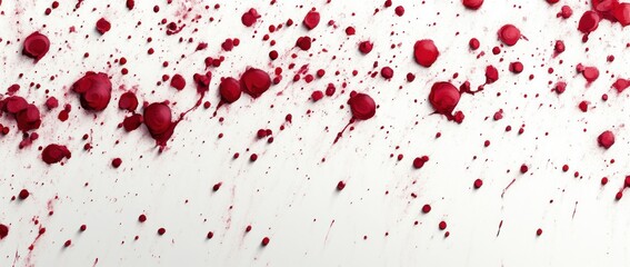 Abstract pattern of red splatters and droplets scattered diagonally across a white background creating dynamic and irregular shapes